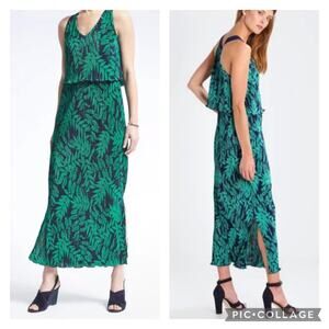 Banana Republic Fern Print Layered Pleated Maxi Dress Navy Blue Green NEW Medium